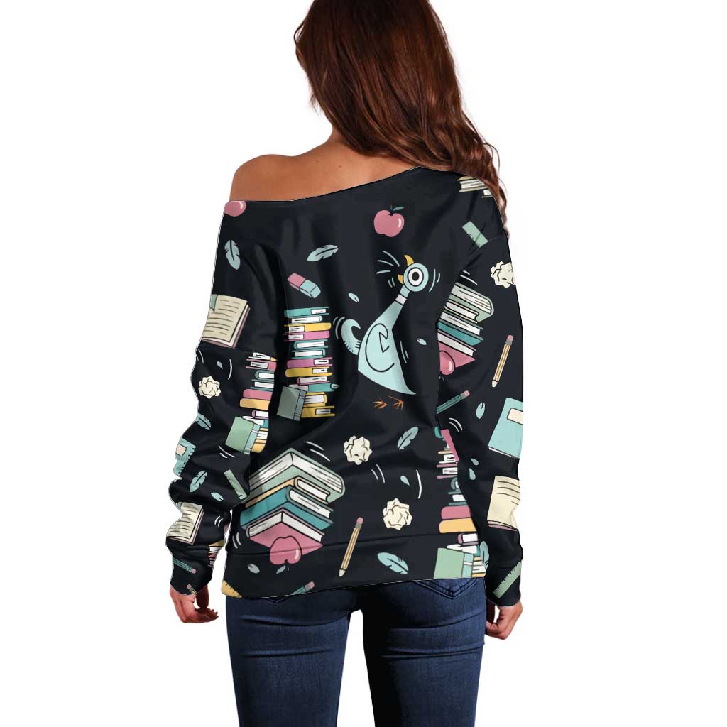 I Survived 100 Days of School Off Shoulder Sweater Funny Pigeon 100th Day Teacher