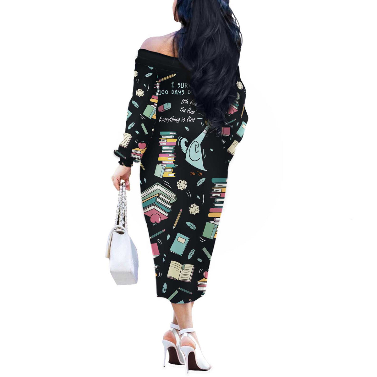 I Survived 100 Days of School Off The Shoulder Long Sleeve Dress Funny Pigeon 100th Day Teacher