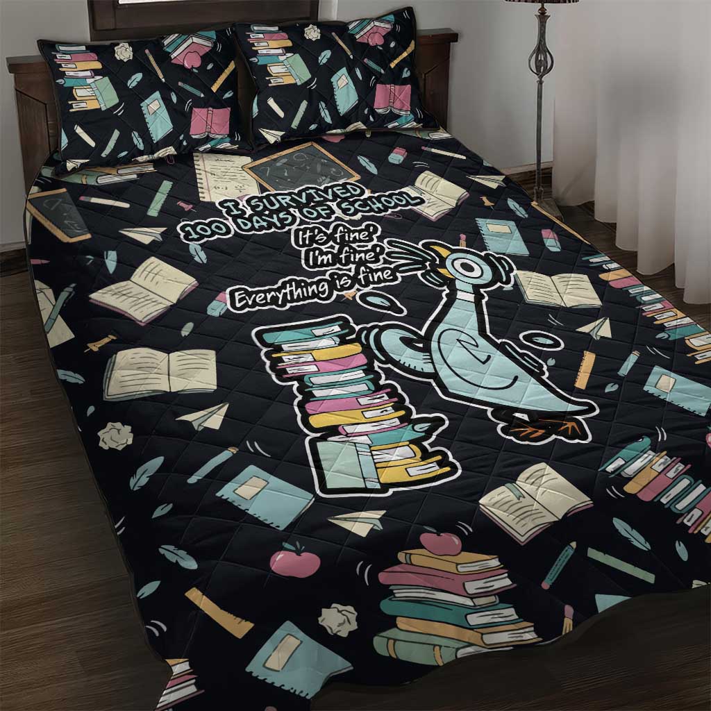 I Survived 100 Days of School Quilt Bed Set Funny Pigeon 100th Day Teacher