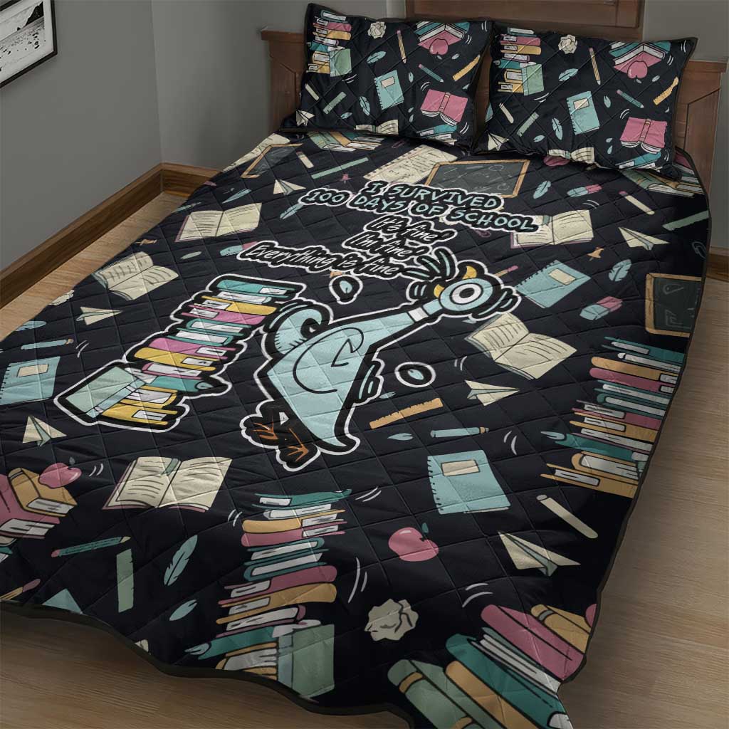 I Survived 100 Days of School Quilt Bed Set Funny Pigeon 100th Day Teacher