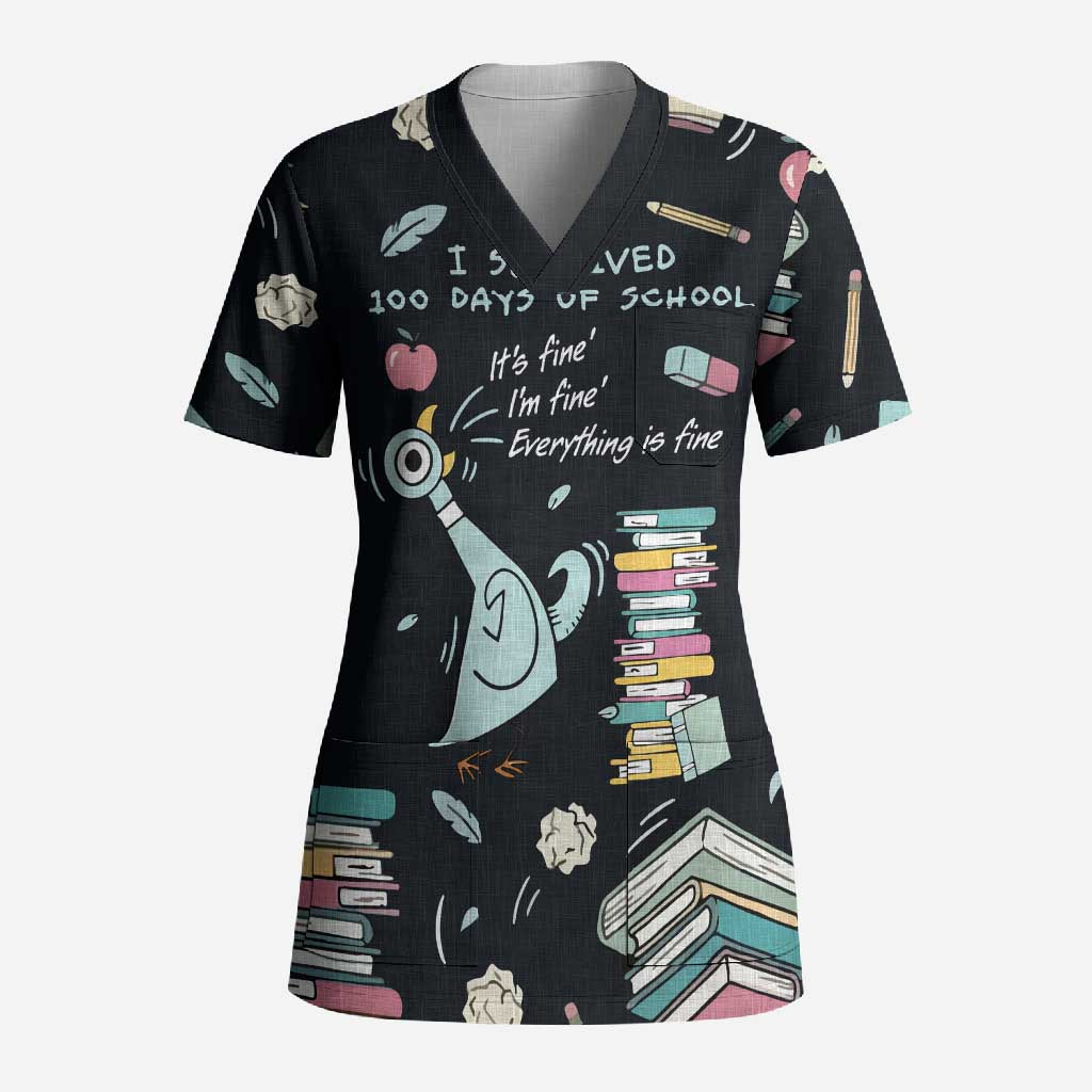 I Survived 100 Days of School Scrub Top Funny Pigeon 100th Day Teacher