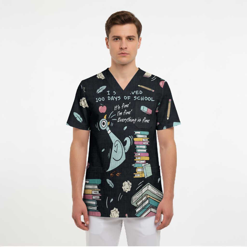 I Survived 100 Days of School Scrub Top Funny Pigeon 100th Day Teacher