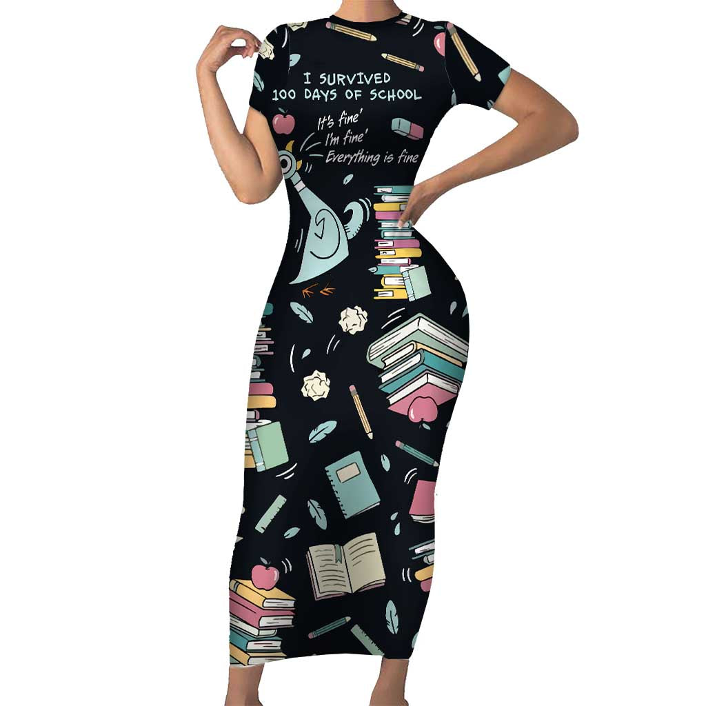 I Survived 100 Days of School Short Sleeve Bodycon Dress Funny Pigeon 100th Day Teacher