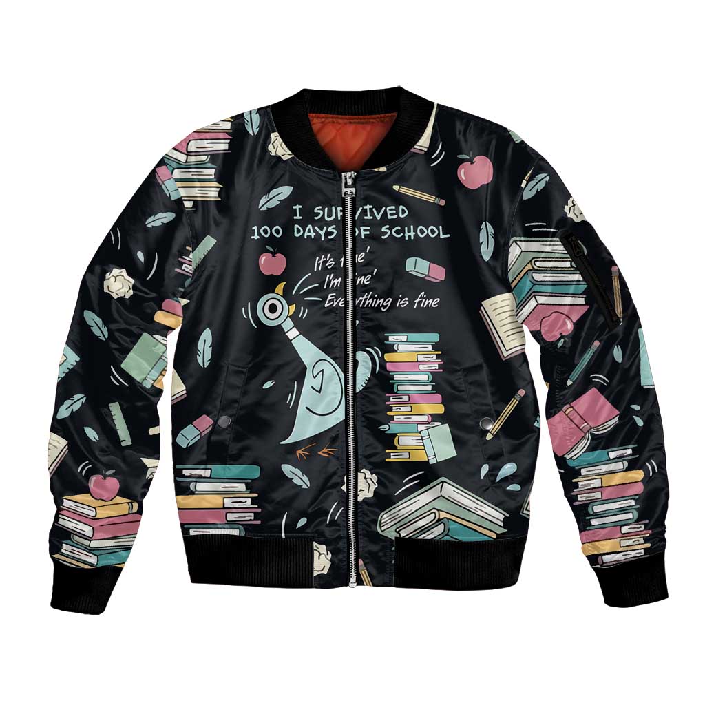 I Survived 100 Days of School Sleeve Zip Bomber Jacket Funny Pigeon 100th Day Teacher