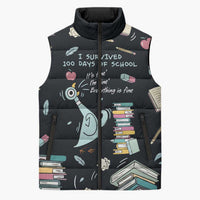 I Survived 100 Days of School Sleeveless Puffer Jacket Funny Pigeon 100th Day Teacher