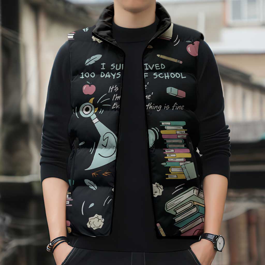 I Survived 100 Days of School Sleeveless Puffer Jacket Funny Pigeon 100th Day Teacher
