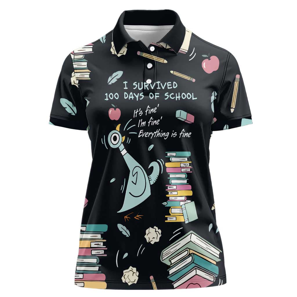 I Survived 100 Days of School Women Polo Shirt Funny Pigeon 100th Day Teacher