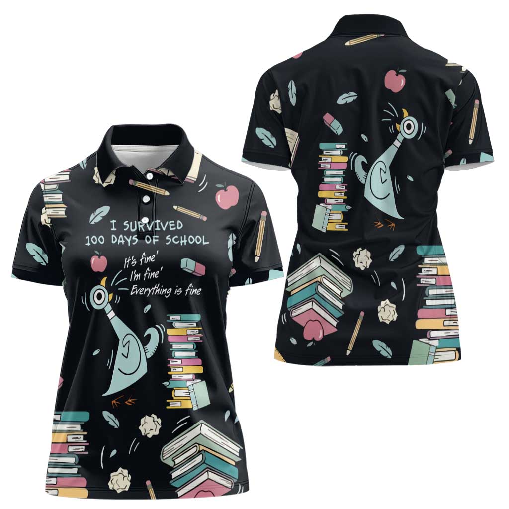 I Survived 100 Days of School Women Polo Shirt Funny Pigeon 100th Day Teacher
