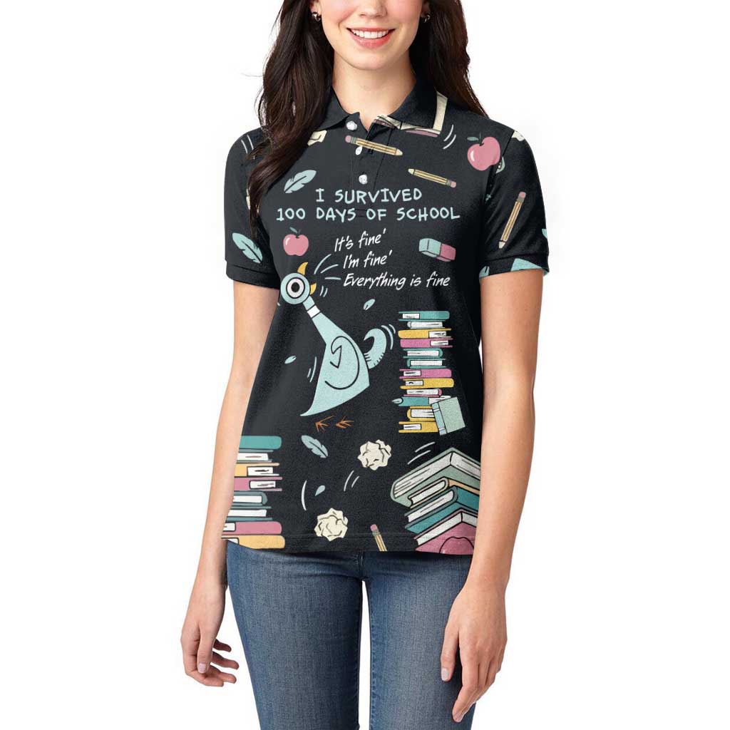 I Survived 100 Days of School Women Polo Shirt Funny Pigeon 100th Day Teacher