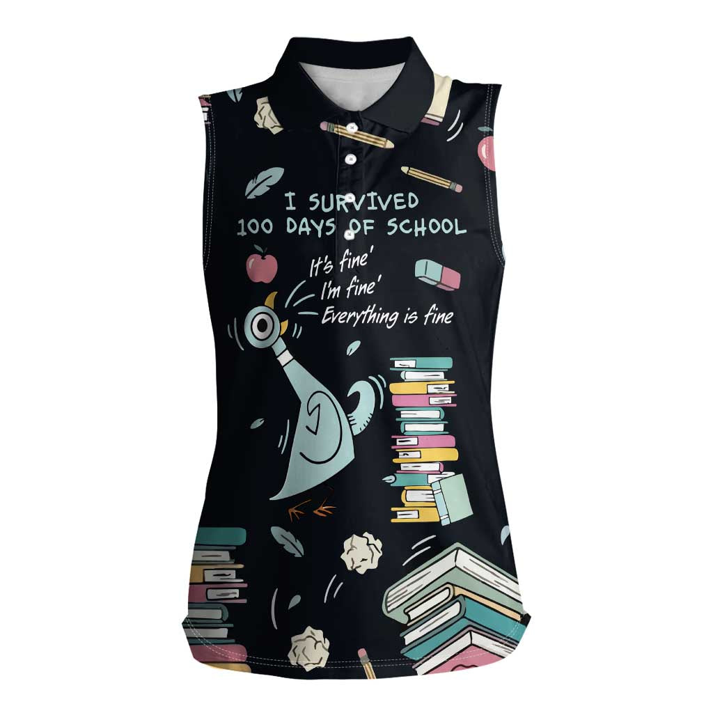 I Survived 100 Days of School Women Sleeveless Polo Shirt Funny Pigeon 100th Day Teacher