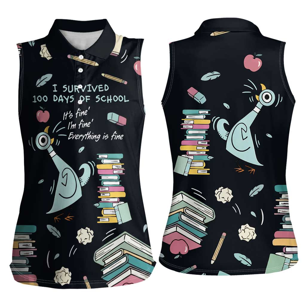 I Survived 100 Days of School Women Sleeveless Polo Shirt Funny Pigeon 100th Day Teacher