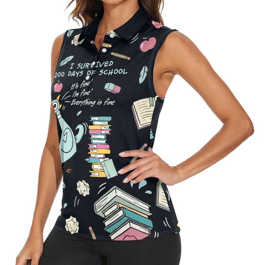 I Survived 100 Days of School Women Sleeveless Polo Shirt Funny Pigeon 100th Day Teacher