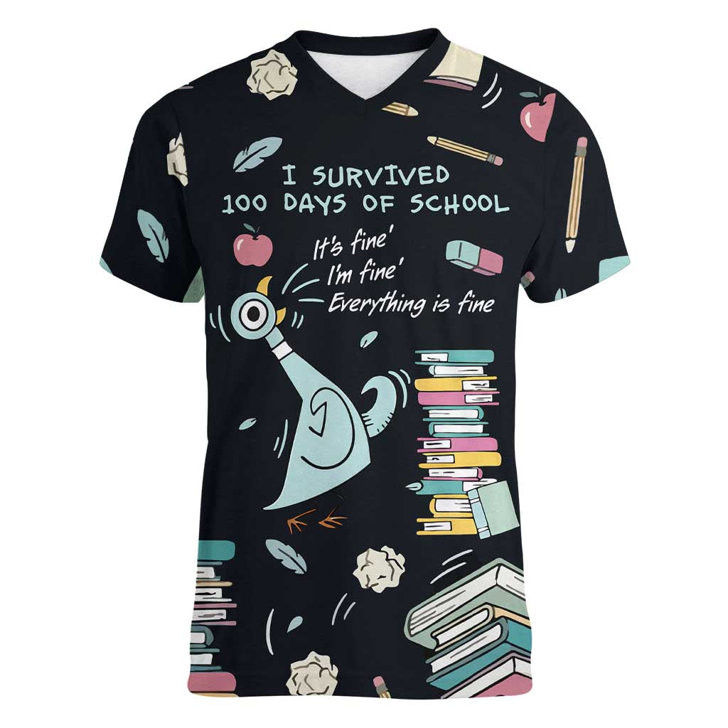I Survived 100 Days of School Women V-Neck T-Shirt Funny Pigeon 100th Day Teacher