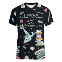 I Survived 100 Days of School Women V-Neck T-Shirt Funny Pigeon 100th Day Teacher