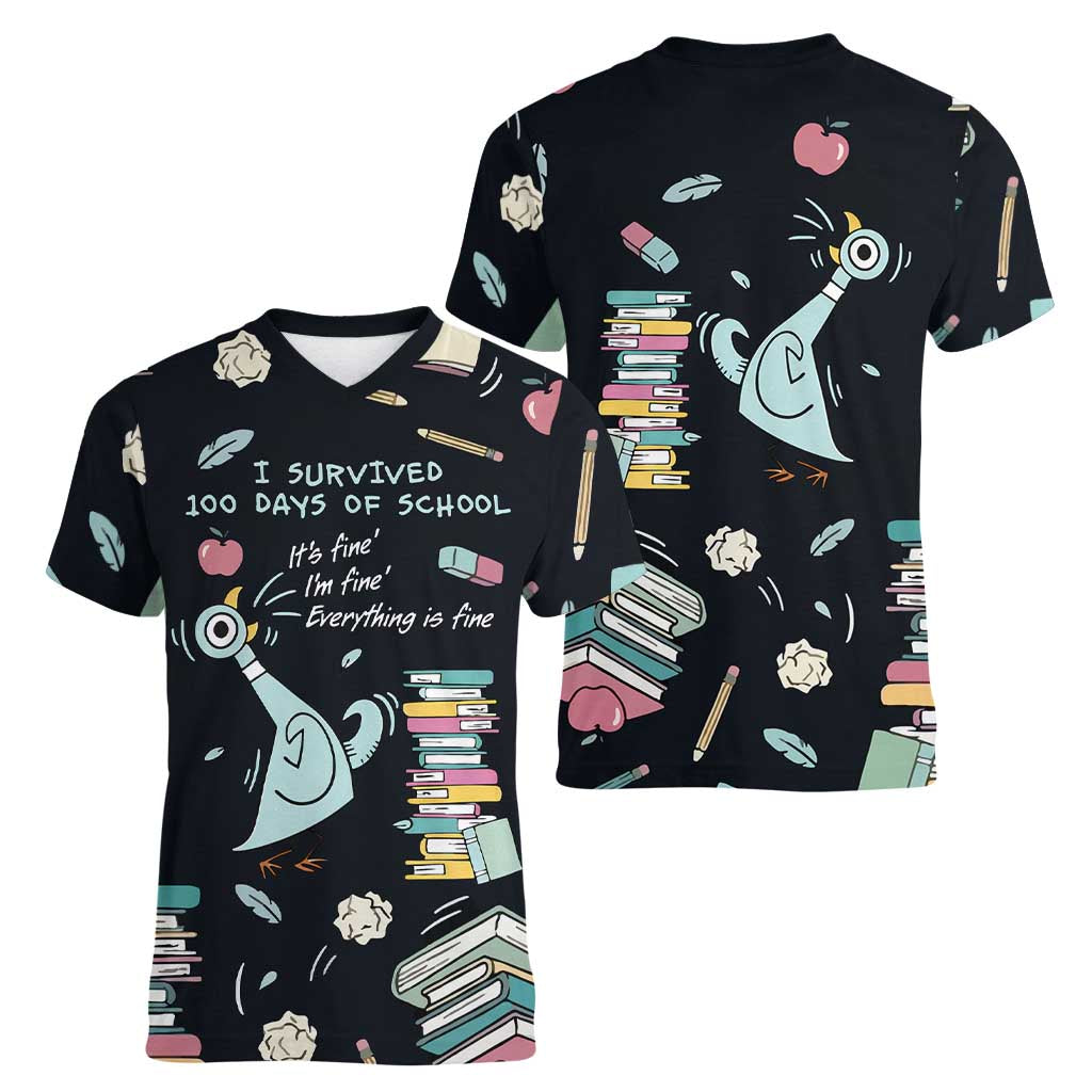 I Survived 100 Days of School Women V-Neck T-Shirt Funny Pigeon 100th Day Teacher