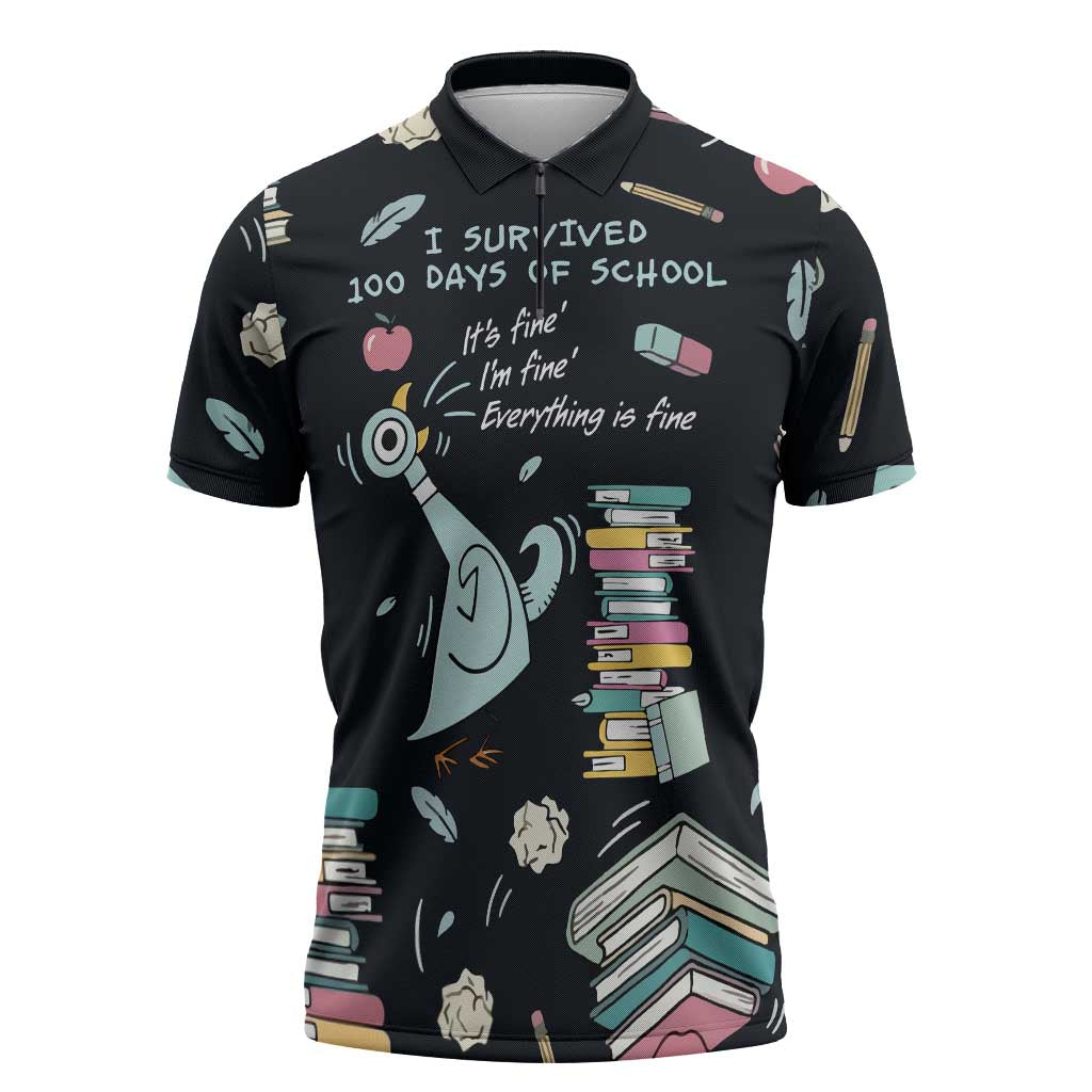 I Survived 100 Days of School Zipper Polo Shirt Funny Pigeon 100th Day Teacher