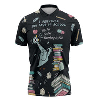 I Survived 100 Days of School Zipper Polo Shirt Funny Pigeon 100th Day Teacher