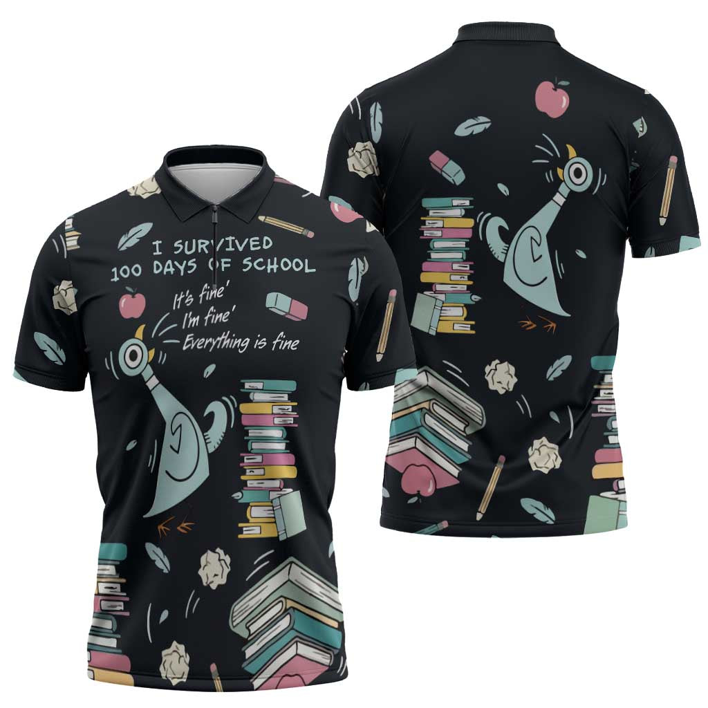 I Survived 100 Days of School Zipper Polo Shirt Funny Pigeon 100th Day Teacher