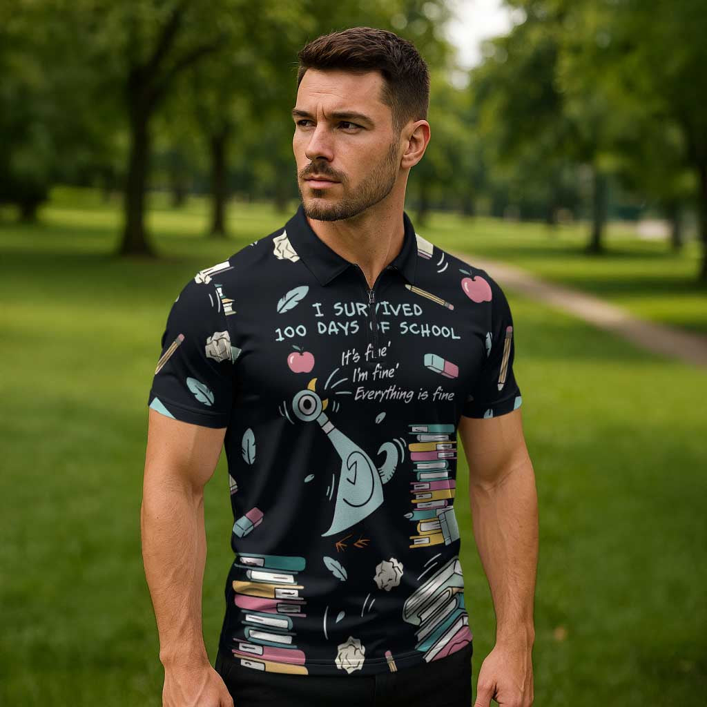 I Survived 100 Days of School Zipper Polo Shirt Funny Pigeon 100th Day Teacher