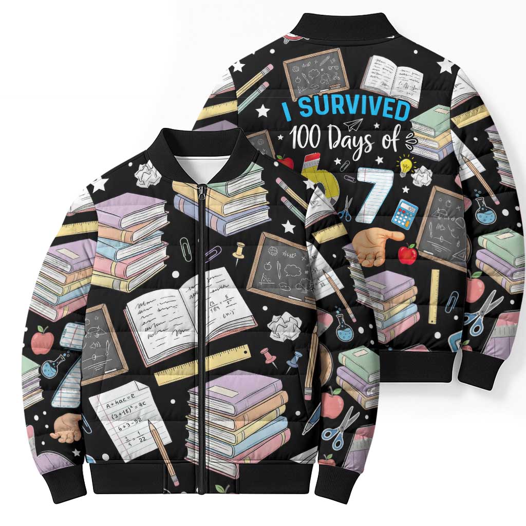 I Survived 100 Days of 67 Bomber Puffer Jacket 100th Day of School Teachers Kids