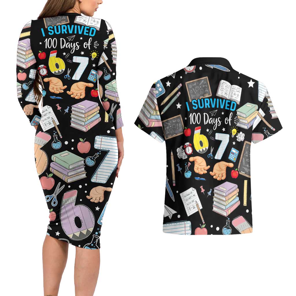 I Survived 100 Days of 67 Couples Matching Long Sleeve Bodycon Dress and Hawaiian Shirt 100th Day of School Teachers Kids