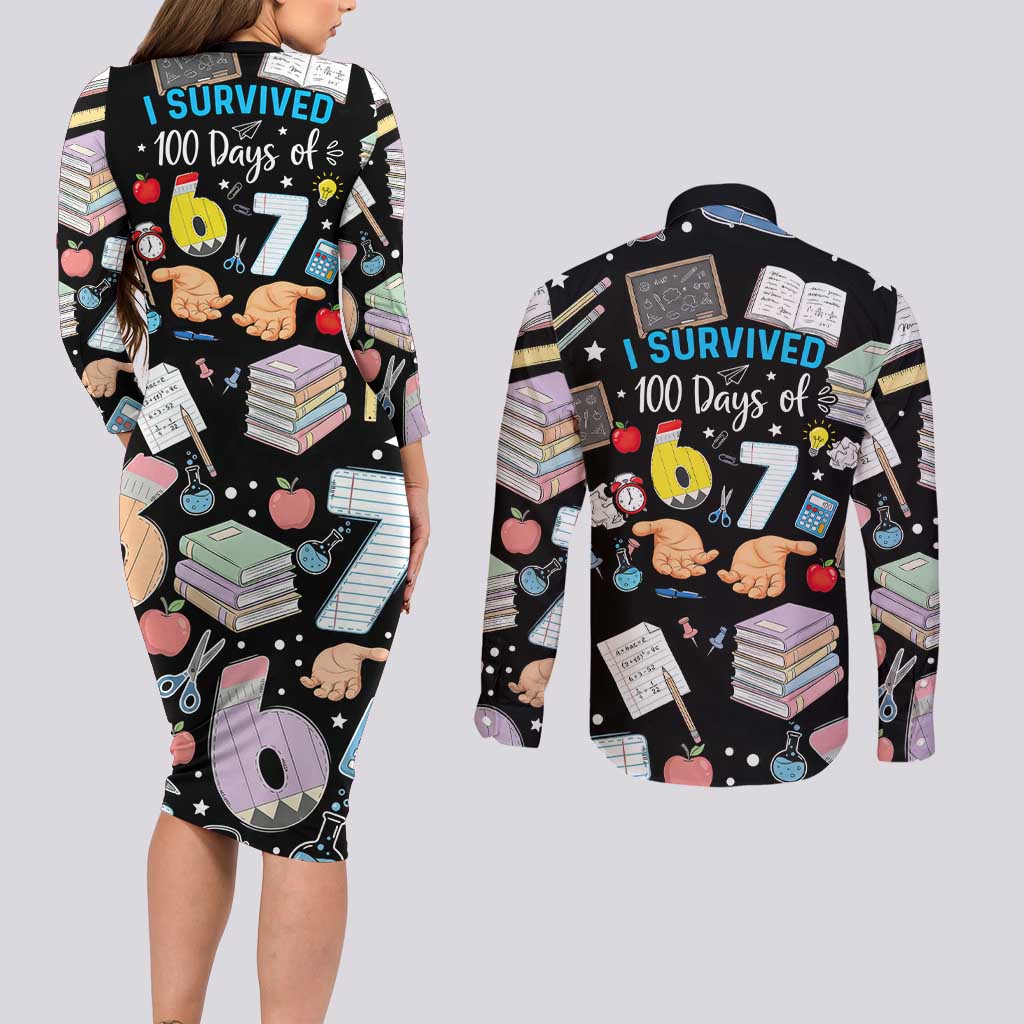 I Survived 100 Days of 67 Couples Matching Long Sleeve Bodycon Dress and Long Sleeve Button Shirt 100th Day of School Teachers Kids