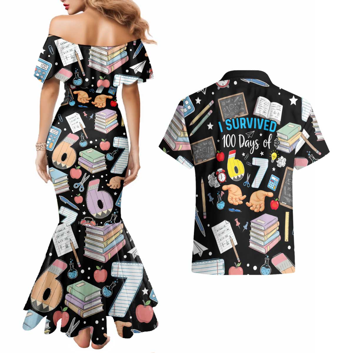 I Survived 100 Days of 67 Couples Matching Mermaid Dress and Hawaiian Shirt 100th Day of School Teachers Kids