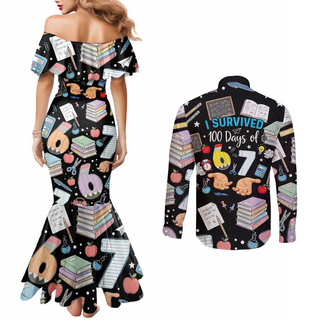 I Survived 100 Days of 67 Couples Matching Mermaid Dress and Long Sleeve Button Shirt 100th Day of School Teachers Kids