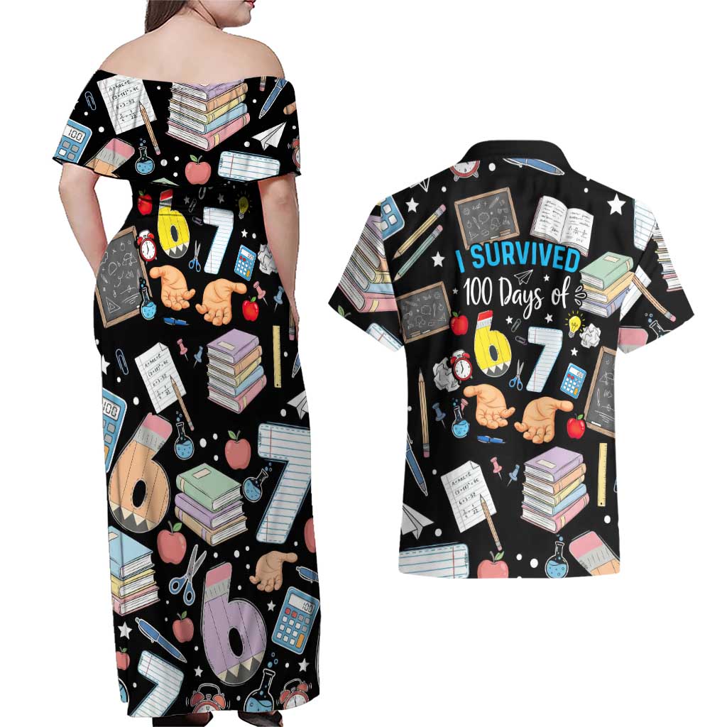 I Survived 100 Days of 67 Couples Matching Off Shoulder Maxi Dress and Hawaiian Shirt 100th Day of School Teachers Kids