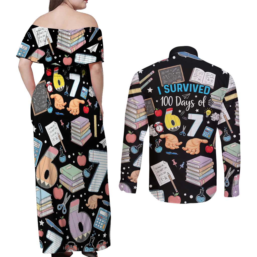 I Survived 100 Days of 67 Couples Matching Off Shoulder Maxi Dress and Long Sleeve Button Shirt 100th Day of School Teachers Kids