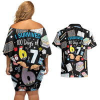 I Survived 100 Days of 67 Couples Matching Off Shoulder Short Dress and Hawaiian Shirt 100th Day of School Teachers Kids
