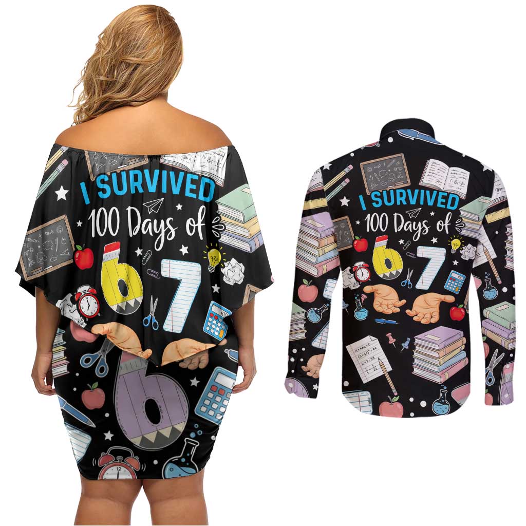 I Survived 100 Days of 67 Couples Matching Off Shoulder Short Dress and Long Sleeve Button Shirt 100th Day of School Teachers Kids