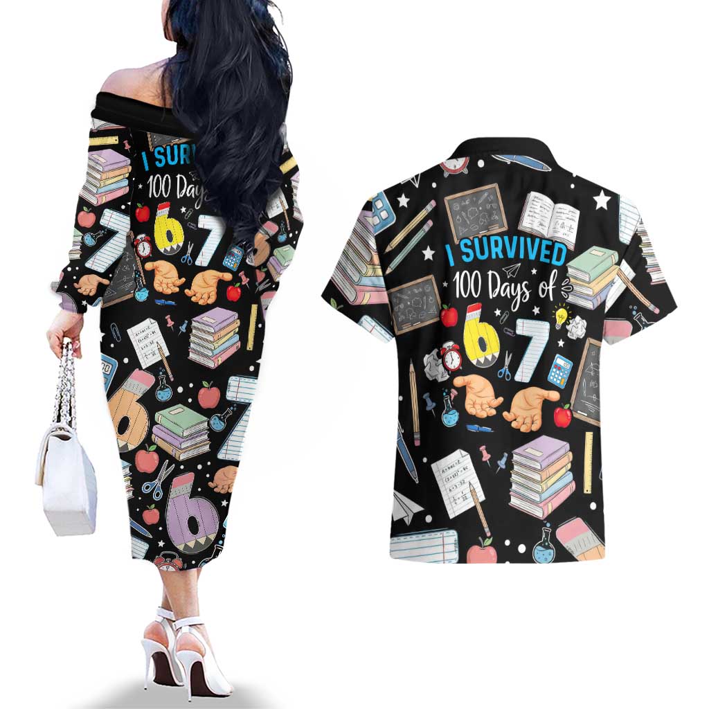 I Survived 100 Days of 67 Couples Matching Off The Shoulder Long Sleeve Dress and Hawaiian Shirt 100th Day of School Teachers Kids