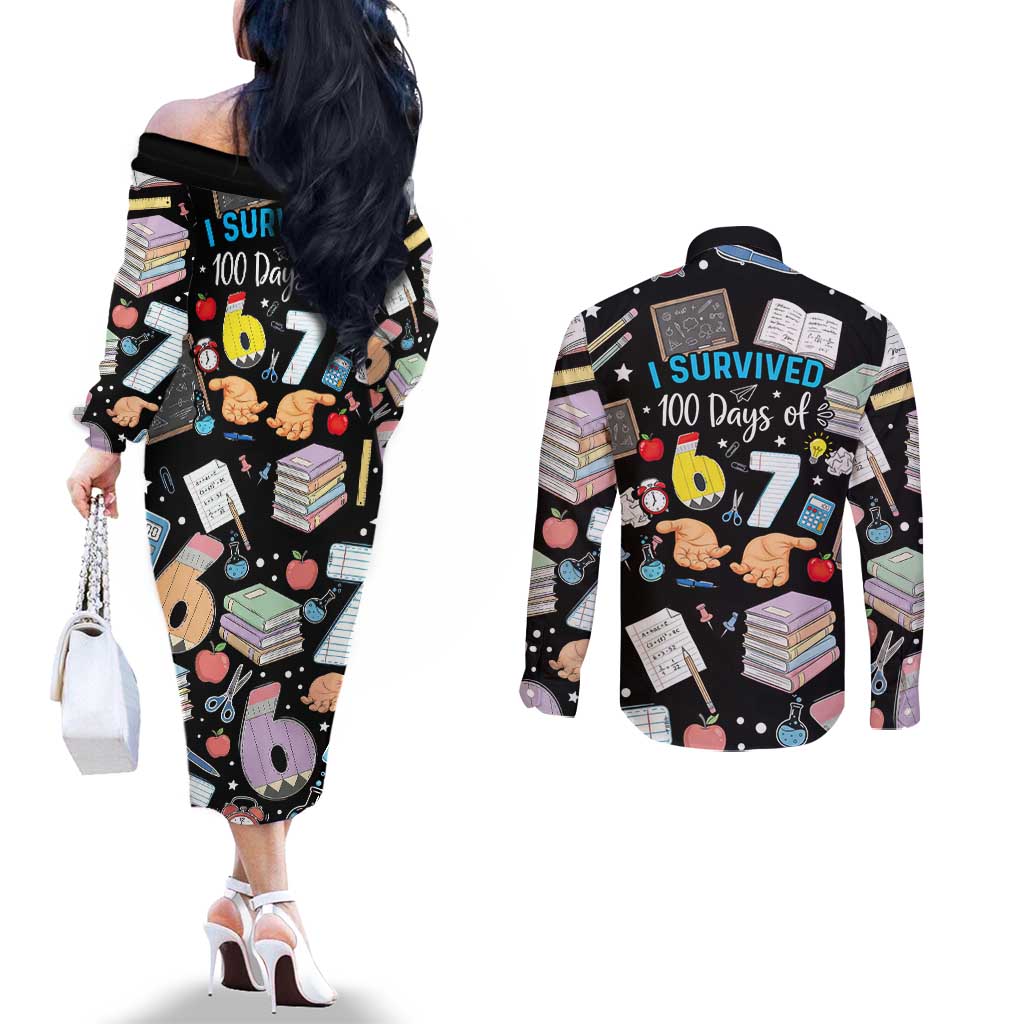I Survived 100 Days of 67 Couples Matching Off The Shoulder Long Sleeve Dress and Long Sleeve Button Shirt 100th Day of School Teachers Kids