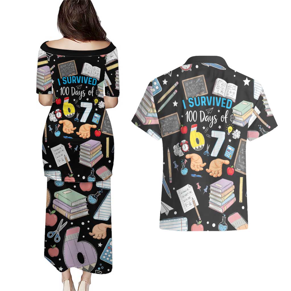 I Survived 100 Days of 67 Couples Matching Puletasi and Hawaiian Shirt 100th Day of School Teachers Kids