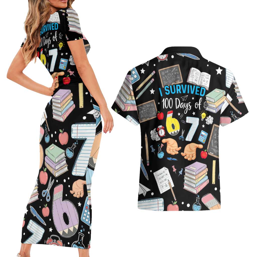 I Survived 100 Days of 67 Couples Matching Short Sleeve Bodycon Dress and Hawaiian Shirt 100th Day of School Teachers Kids
