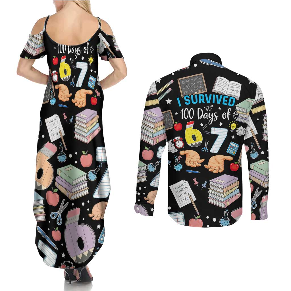 I Survived 100 Days of 67 Couples Matching Summer Maxi Dress and Long Sleeve Button Shirt 100th Day of School Teachers Kids