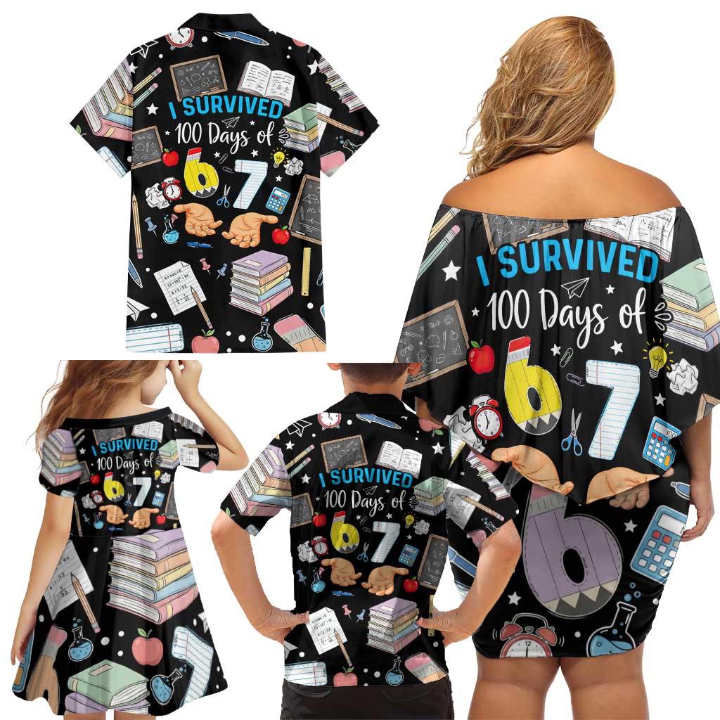 I Survived 100 Days of 67 Family Matching Off Shoulder Short Dress and Hawaiian Shirt 100th Day of School Teachers Kids