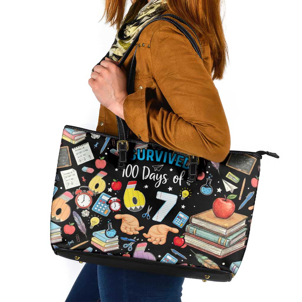 I Survived 100 Days of 67 Leather Tote Bag 100th Day of School Teachers Kids