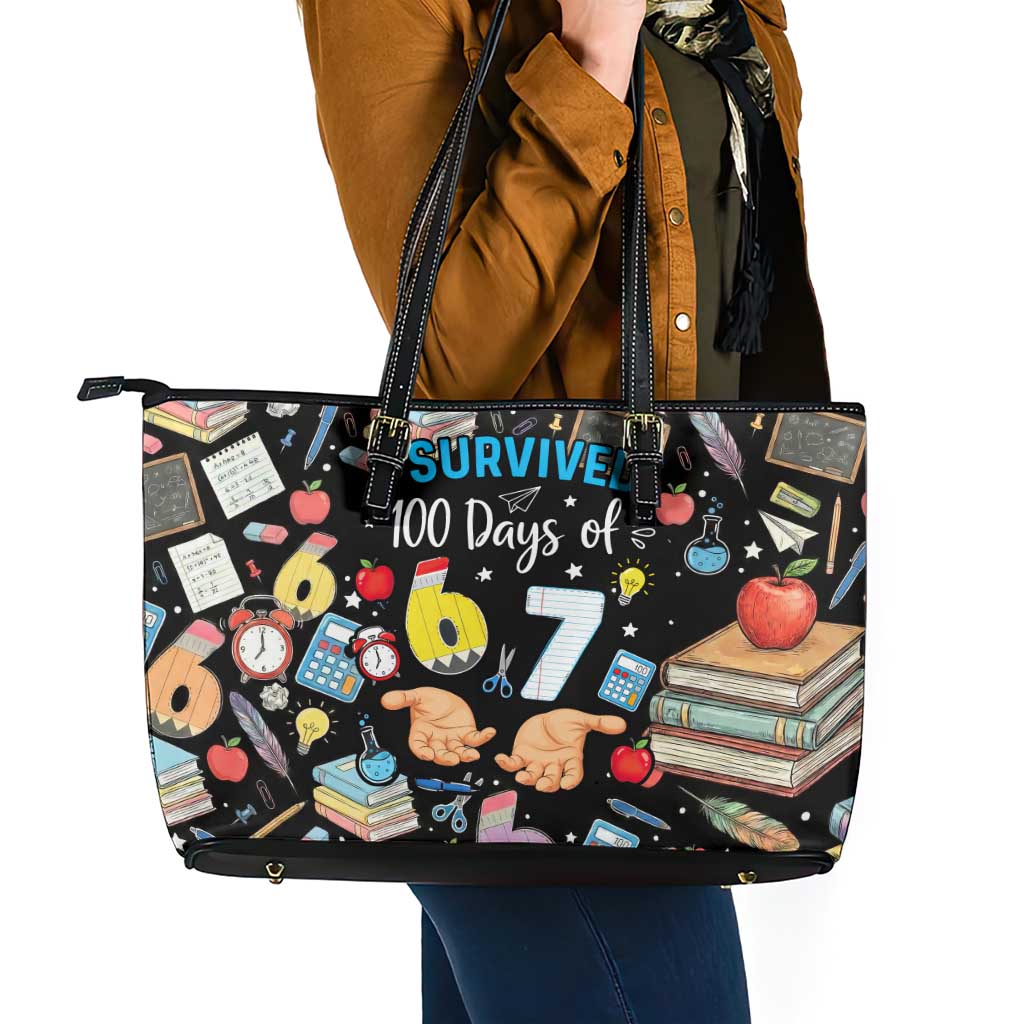 I Survived 100 Days of 67 Leather Tote Bag 100th Day of School Teachers Kids