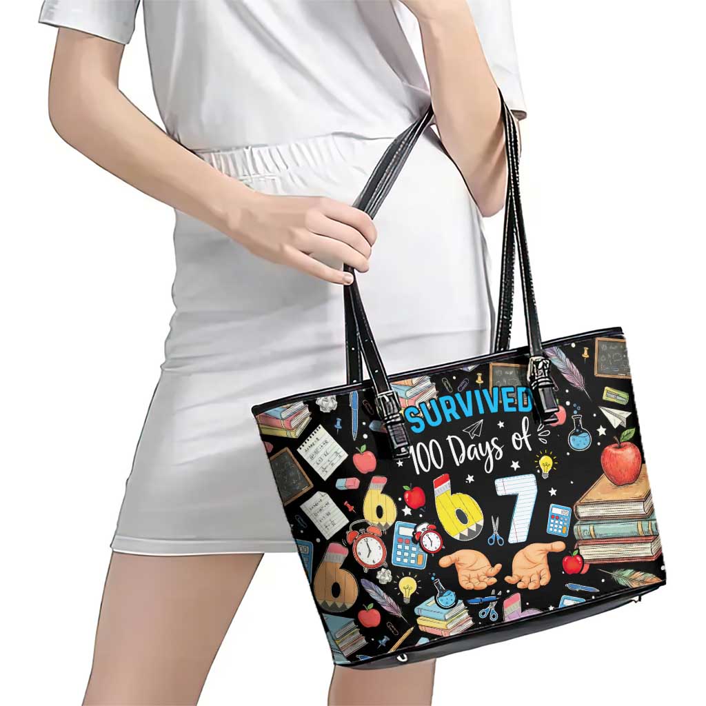 I Survived 100 Days of 67 Leather Tote Bag 100th Day of School Teachers Kids