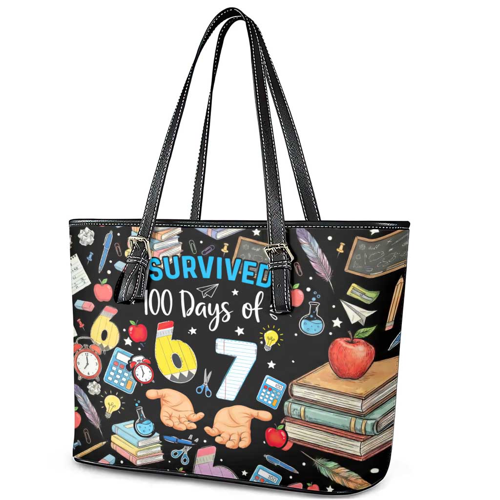 I Survived 100 Days of 67 Leather Tote Bag 100th Day of School Teachers Kids
