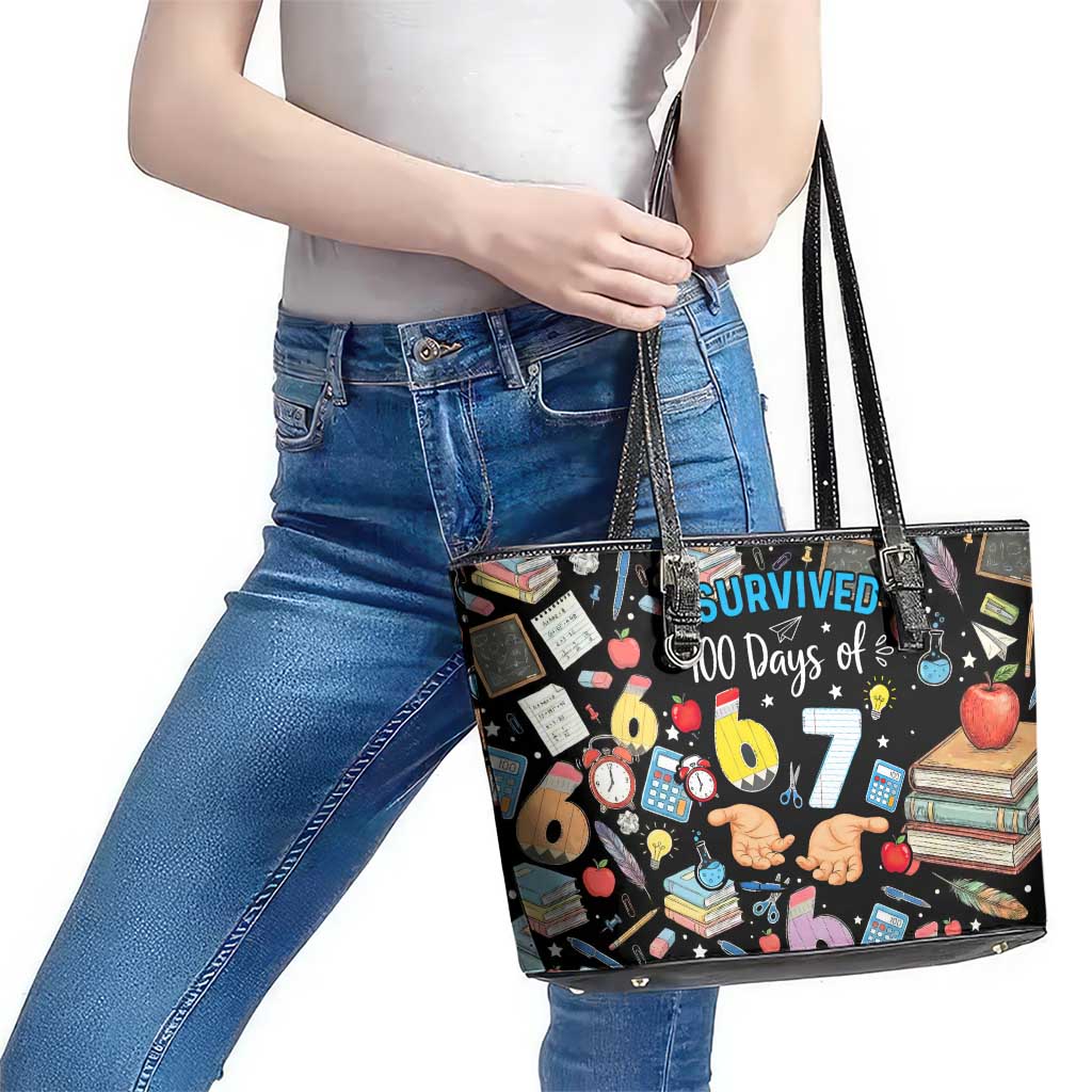 I Survived 100 Days of 67 Leather Tote Bag 100th Day of School Teachers Kids
