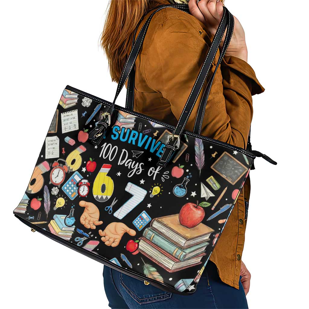 I Survived 100 Days of 67 Leather Tote Bag 100th Day of School Teachers Kids