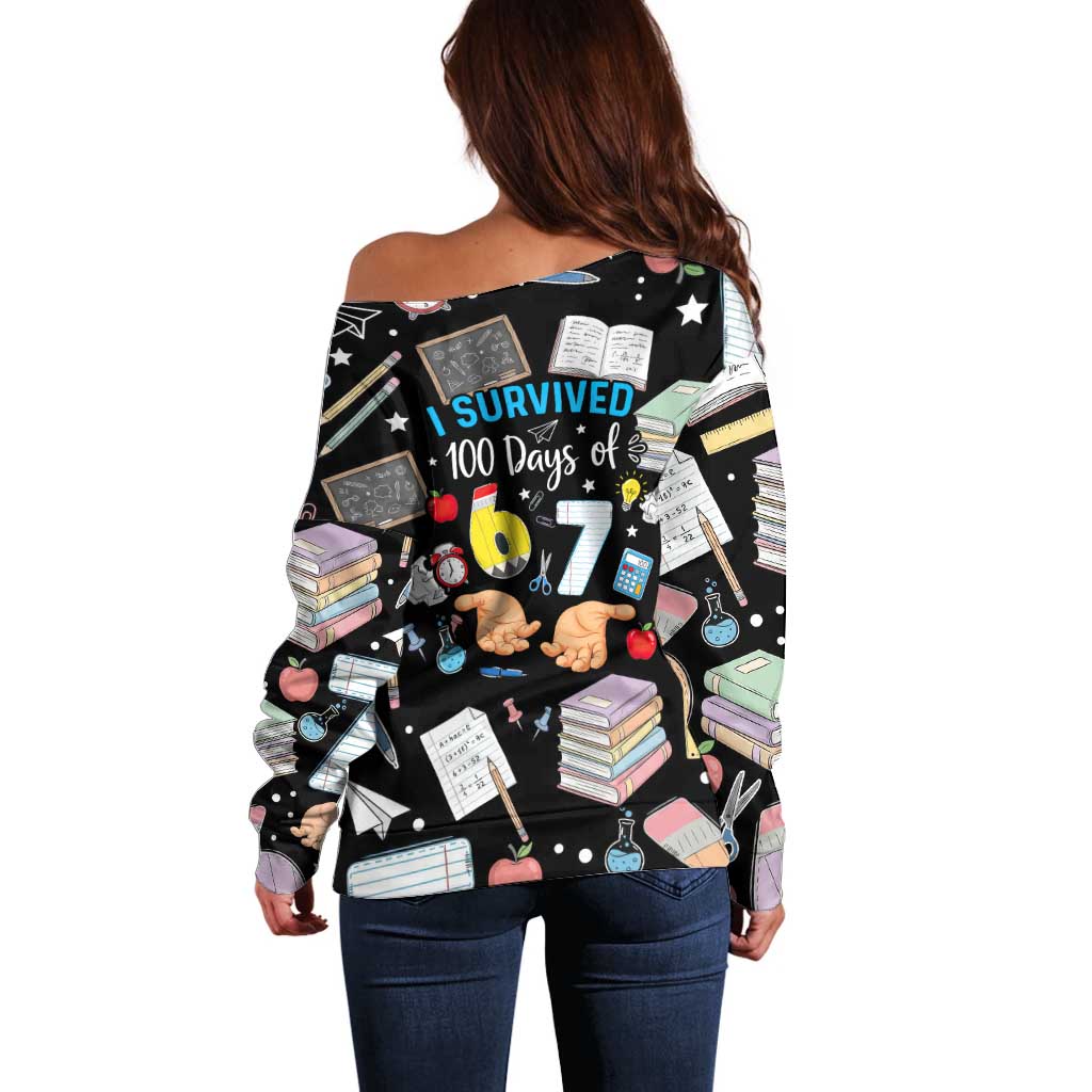 I Survived 100 Days of 67 Off Shoulder Sweater 100th Day of School Teachers Kids