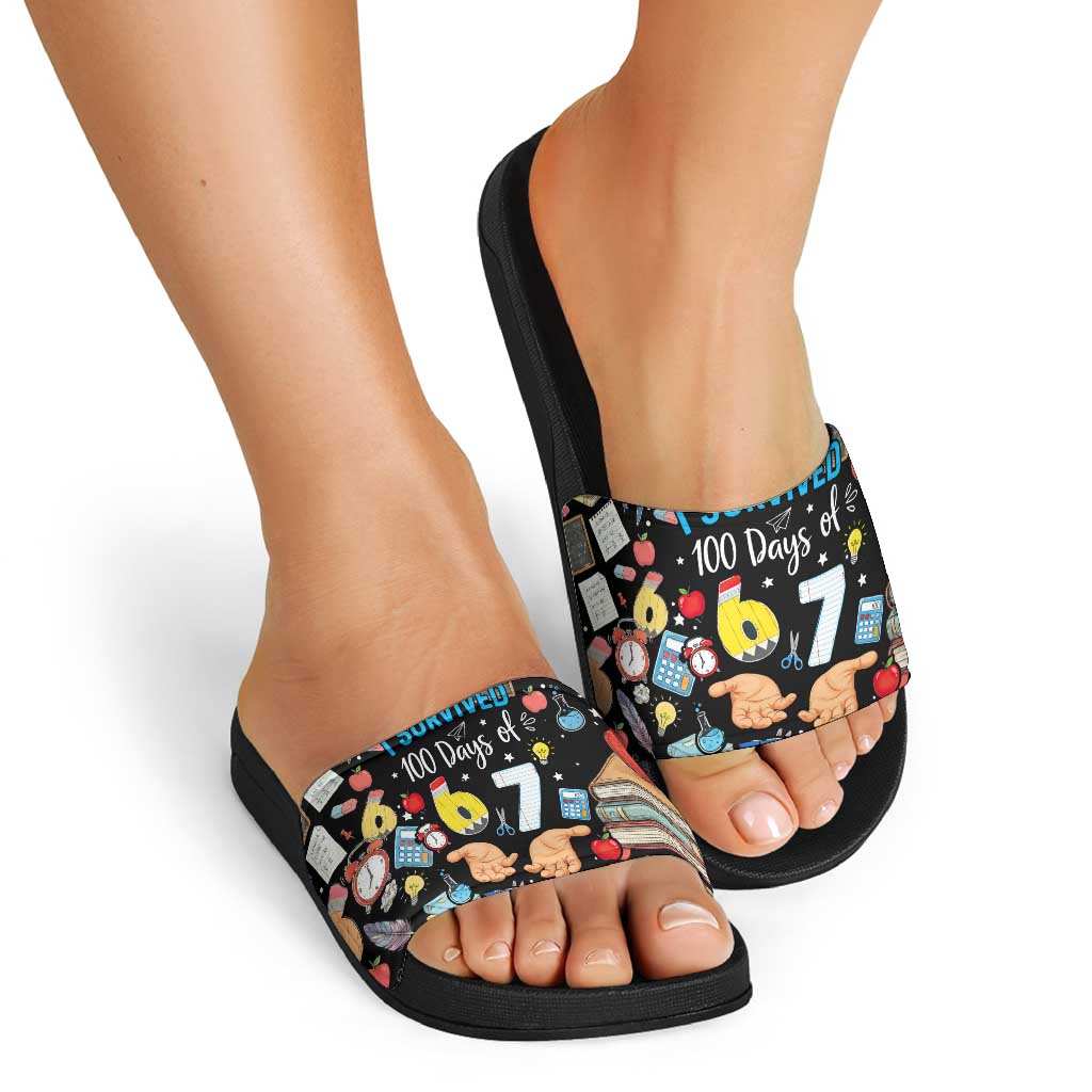 I Survived 100 Days of 67 Slide Sandals 100th Day of School Teachers Kids