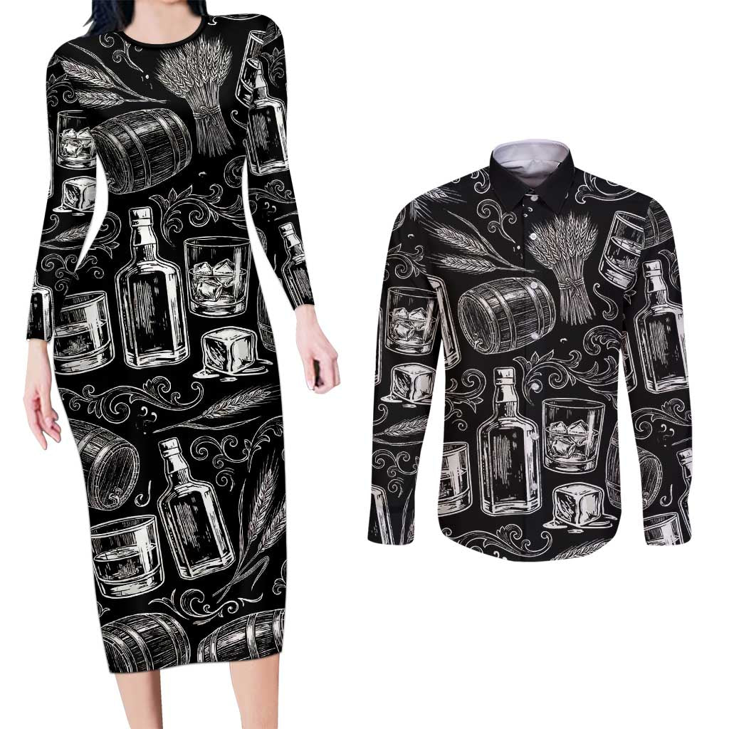 Whisky Neat Couples Matching Long Sleeve Bodycon Dress and Long Sleeve Button Shirt Vintage Bold Statement Design