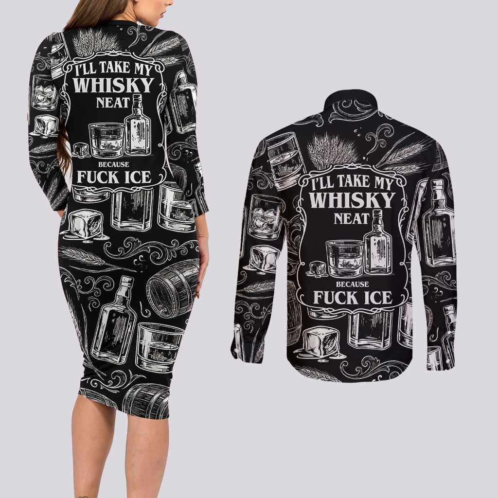 Whisky Neat Couples Matching Long Sleeve Bodycon Dress and Long Sleeve Button Shirt Vintage Bold Statement Design