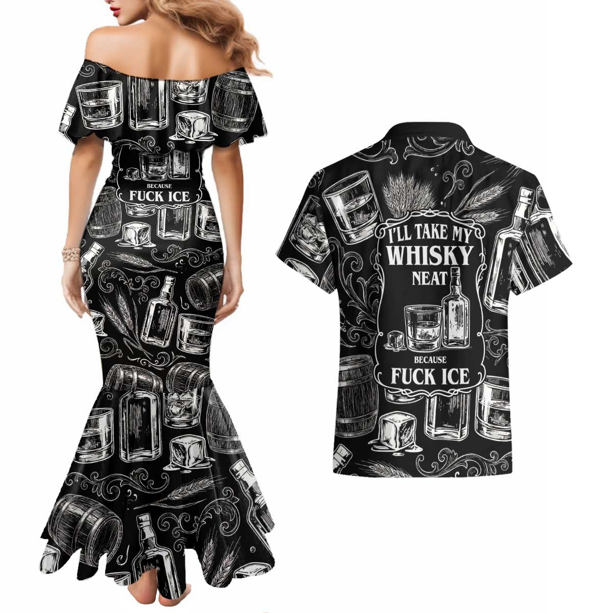 Whisky Neat Couples Matching Mermaid Dress and Hawaiian Shirt Vintage Bold Statement Design