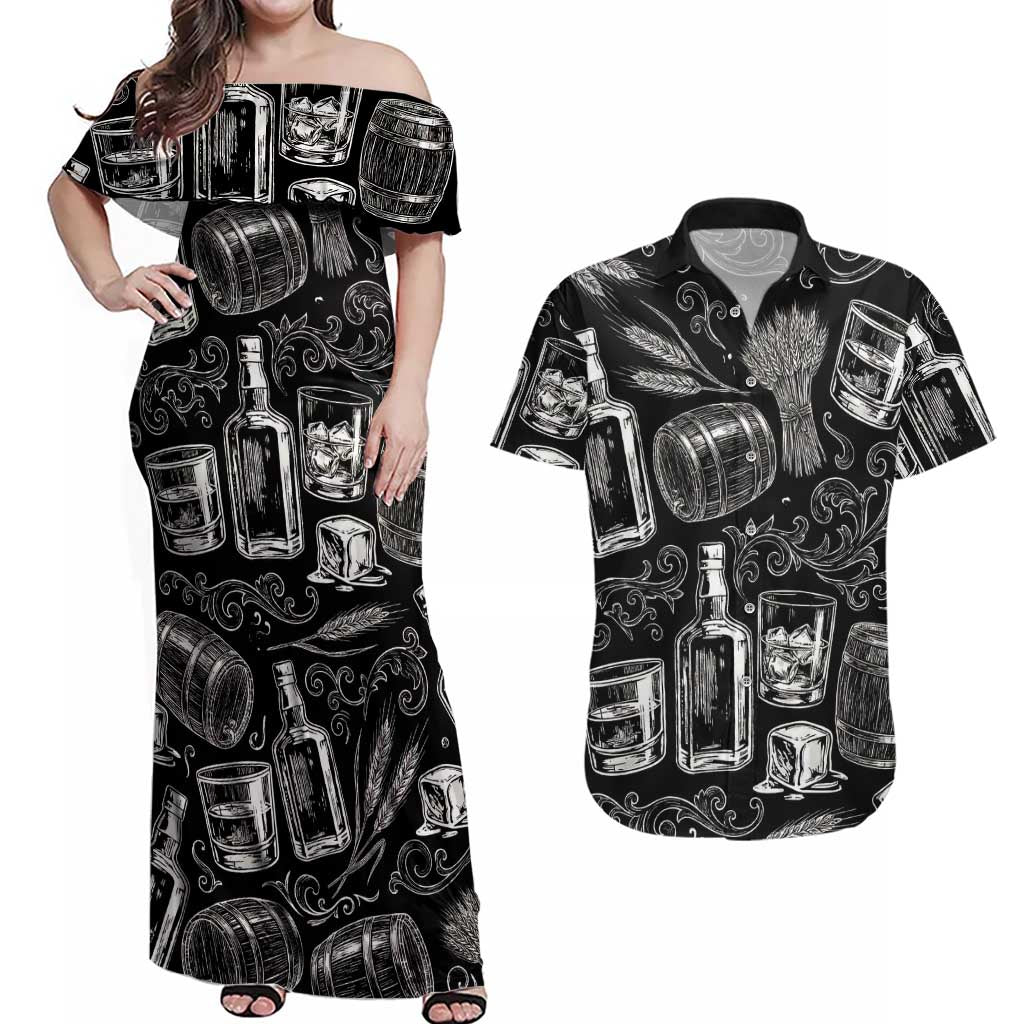 Whisky Neat Couples Matching Off Shoulder Maxi Dress and Hawaiian Shirt Vintage Bold Statement Design